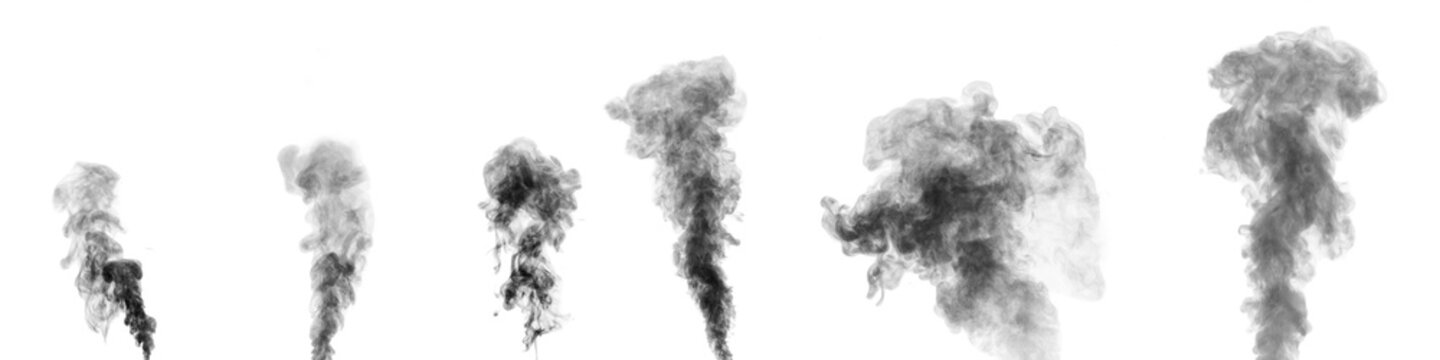 A set of black different steam, smoke, gas isolated on a white background. Swirling, writhing smoke to overlay on your photos. Smoky banner. Halloween design.