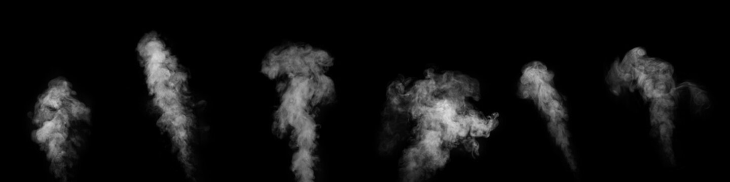 A set of different steam, smoke, gas isolated on a black background. Swirling, writhing smoke to overlay on your photos. Smoky banner
