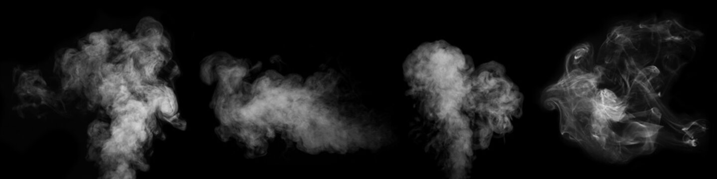A set of different steam, smoke, gas isolated on a black background. Heart-shaped smoke. Smoky banner
