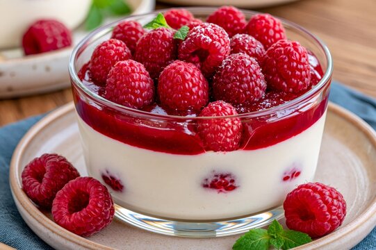 Panna cotta dessert with fresh raspberries and mint