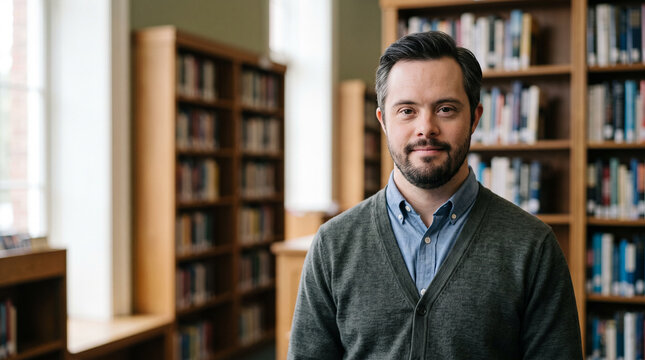 Man in mid thirties with Down syndrome in fine grey cardigan standing in public library with tall blurred bookshelves in warm light generative AI