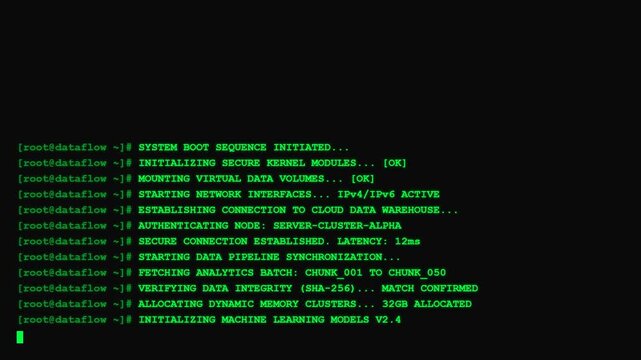 Cloud data pipeline synchronization server terminal screen animation.