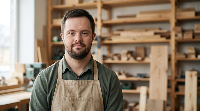 Man in mid thirties with Down syndrome in soft workshop apron in woodworking studio with blurred timber shelves in soft daylight generative AI
