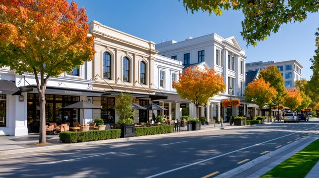 Urban street with shops and restaurants in autumn