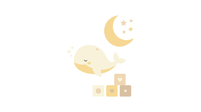 A cute pastel illustration features a sleeping whale floating under a crescent moon with stars above wooden baby blocks.