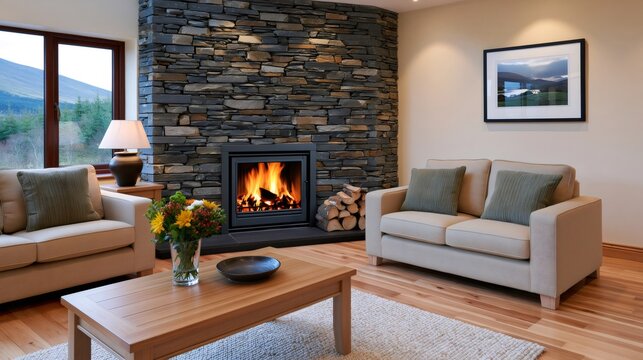 Modern living room with fireplace and stone wall interior