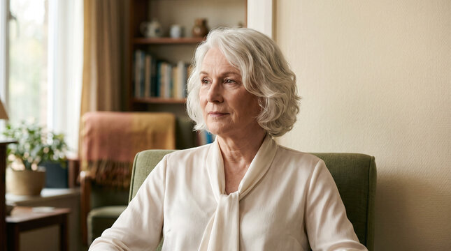 Older woman in early seventies with softly waved white hair in bone silk blouse sitting in warm living room in reflective mood generative AI