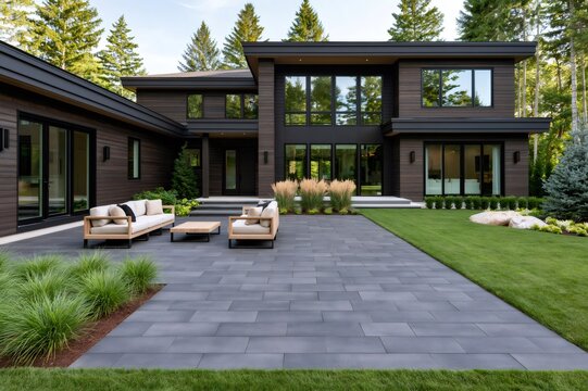Modern luxury home with outdoor patio and green lawn