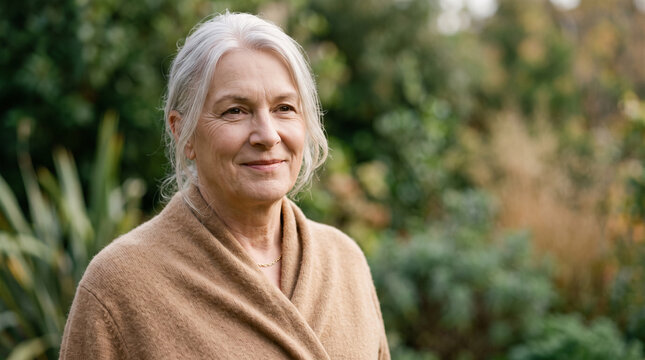Older woman in late sixties with pale silver hair pulled back in soft camel wrap cardigan standing in garden with warm quiet smile generative AI