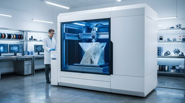 Scientist operating a large 3D printer in a modern industrial laboratory