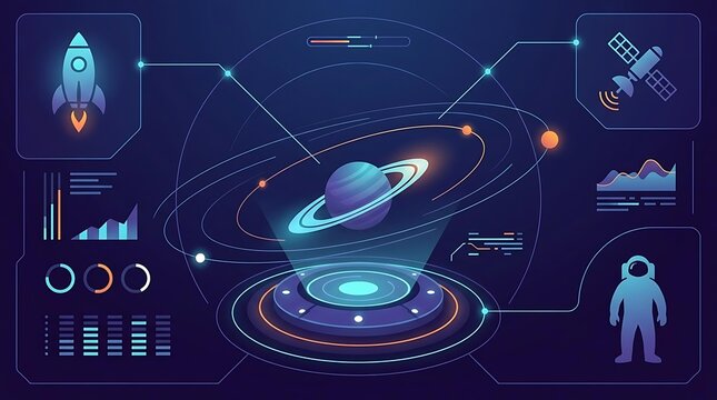 Futuristic space exploration digital interface with planet and charts.