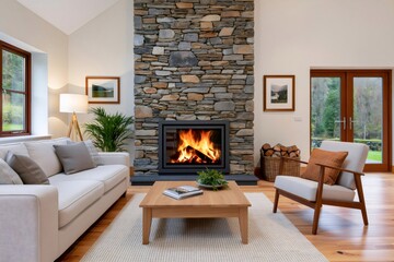 Naklejka premium Cozy living room featuring a modern stone fireplace