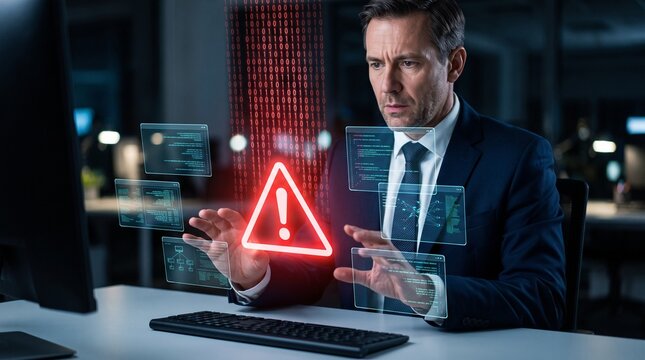 Businessman examines digital security alerts and data streams in a darkened office