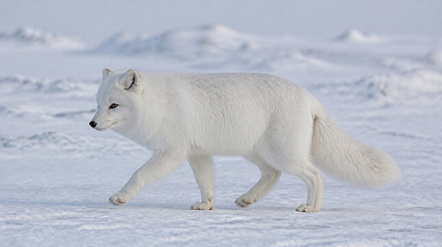 Arctic fox walking across a snowy tundra