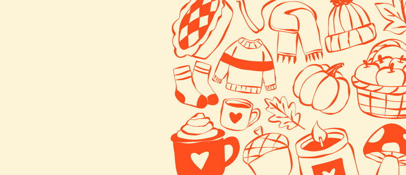 Vector illustration horizontal banner template with orange line art fall elements grouped on the right side and copy space on warm cream background. Cozy seasonal header featuring sweater, pumpkin, ho