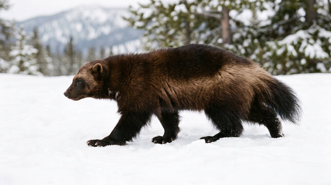 Wolverine walking through deep snow in a mountain forest