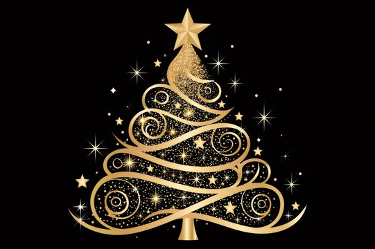 Golden christmas tree with sparkling stars and glitter