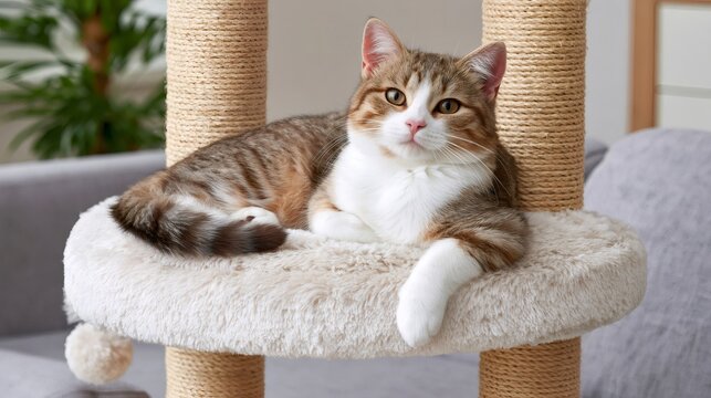 Tabby cat resting on a comfy scratching post tree