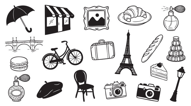 French culture and Paris landmarks doodle set featuring Eiffel Tower croissant baguette and travel icons.