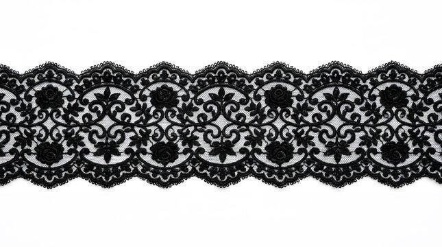 Black lace fabric with floral pattern isolated on white background
