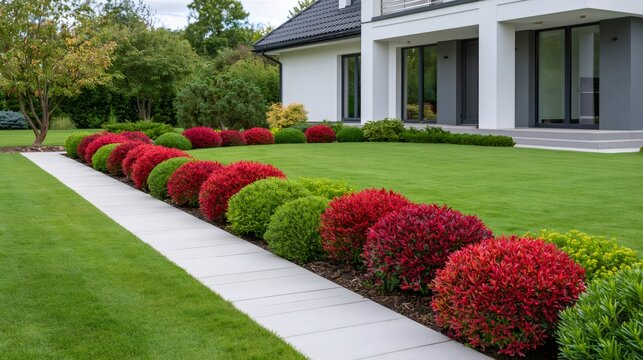 Modern house garden path with colorful manicured shrubs