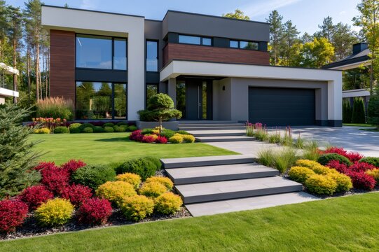 Modern house facade with landscaping and green lawn