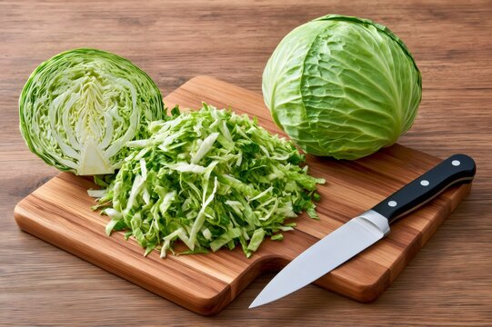 Green cabbage whole, halved, and shredded on cutting board