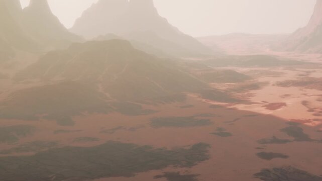 A wide view shows rugged mountains and dry land in a desert setting during daylight. Shadows stretch across the terrain creating a unique atmosphere.