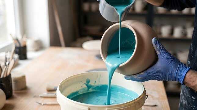 Artisan pouring bright turquoise glaze into handmade ceramic clay vase inside pottery studio workshop, close up of craft process, creative artistic hobby, pottery making concept