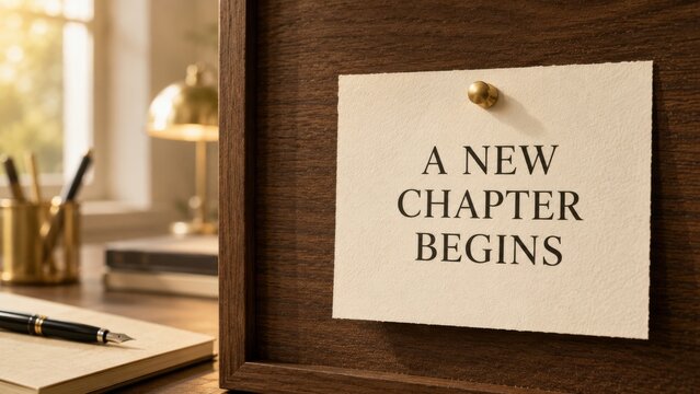 Cream colored paper card with elegant text pinned on dark wooden panel board in cozy workspace.