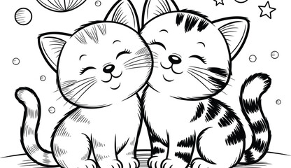 Fototapeta premium Two cute cartoon kittens sitting together under the stars coloring page vector illustration for kids activity book printable