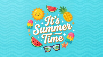 Fototapeta premium Colorful Summer Time Typography with Tropical Vacation Icons