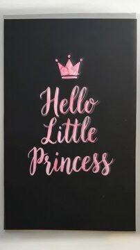 Pink Hello Little Princess sign with crown on black canvas wall decor