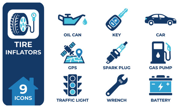 Set of 9 automotive icons in teal and navy blue for car maintenance and travel services.