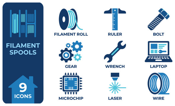 Set of 9 technology and industrial icons in teal and navy blue for electronics and tools.