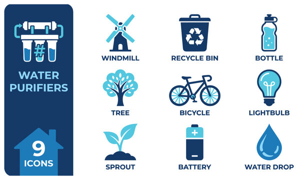 Set of 9 water purifiers icons in blue and white colors for various uses.