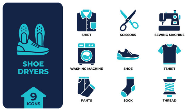 Shoe dryers icon set with clothing and laundry items in blue and dark blue.