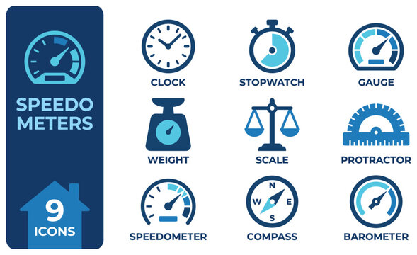 Speedometer icons set blue and cyan on white background for measuring speed and performance.