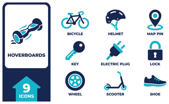 Transportation icons blue and dark blue with bicycle hoverboard scooter and key.