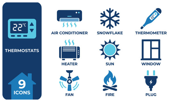 Thermostat icons with air conditioner heater snowflake sun window fan fire.