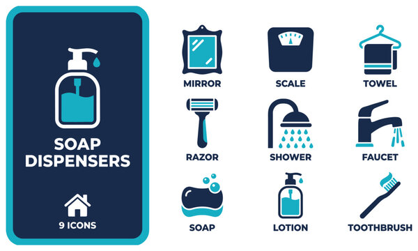 Various bathroom hygiene and personal care items in blue and dark blue colors.