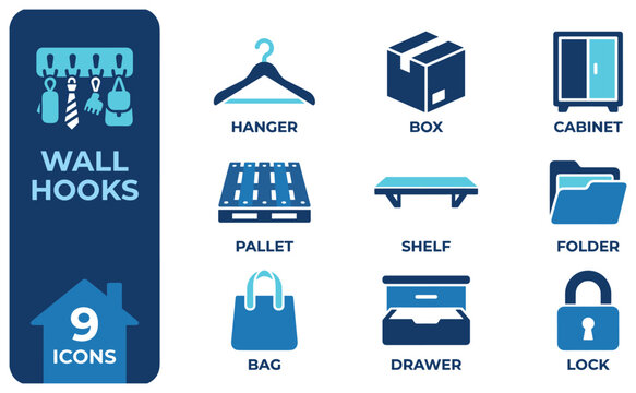 Wall hooks with hanger box cabinet folder lock icons for home organization storage.