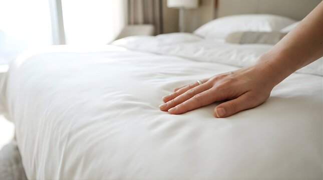 Woman hand touching soft white bedding on a luxury hotel bed in bedroom