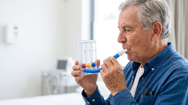 Older man using an incentive spirometer in a clinic