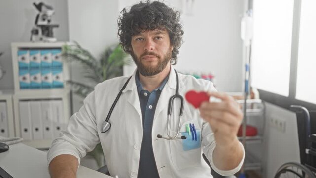 Man doctor holding red heart toward camera in clinic building with stethoscope visible; compassionate care.