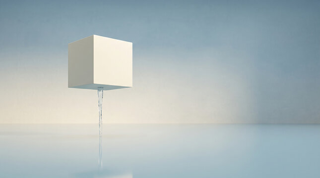 Floating Cube With Impossible Waterfall Minimal Surreal Background