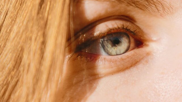 Close view of a person's eye in bright light showing details of iris and eyelashes during a sunny day