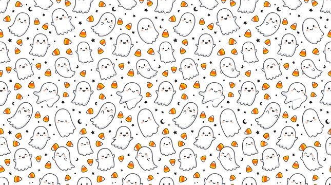 Seamless pattern with cute ghosts and candy corn for halloween