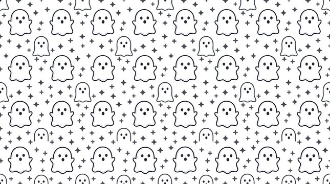 Seamless pattern with simple ghost icons and stars