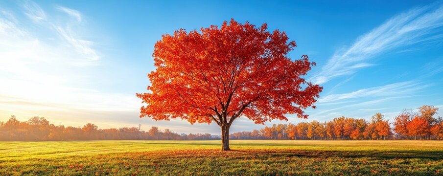 Bench in Colorful autumn Park with city view red and yellow maple trees and blue sky,Autumn forest path,Lawn in autumn city park in Sunny day,Trees with yellow leaves in park,Natural Wallpaper.